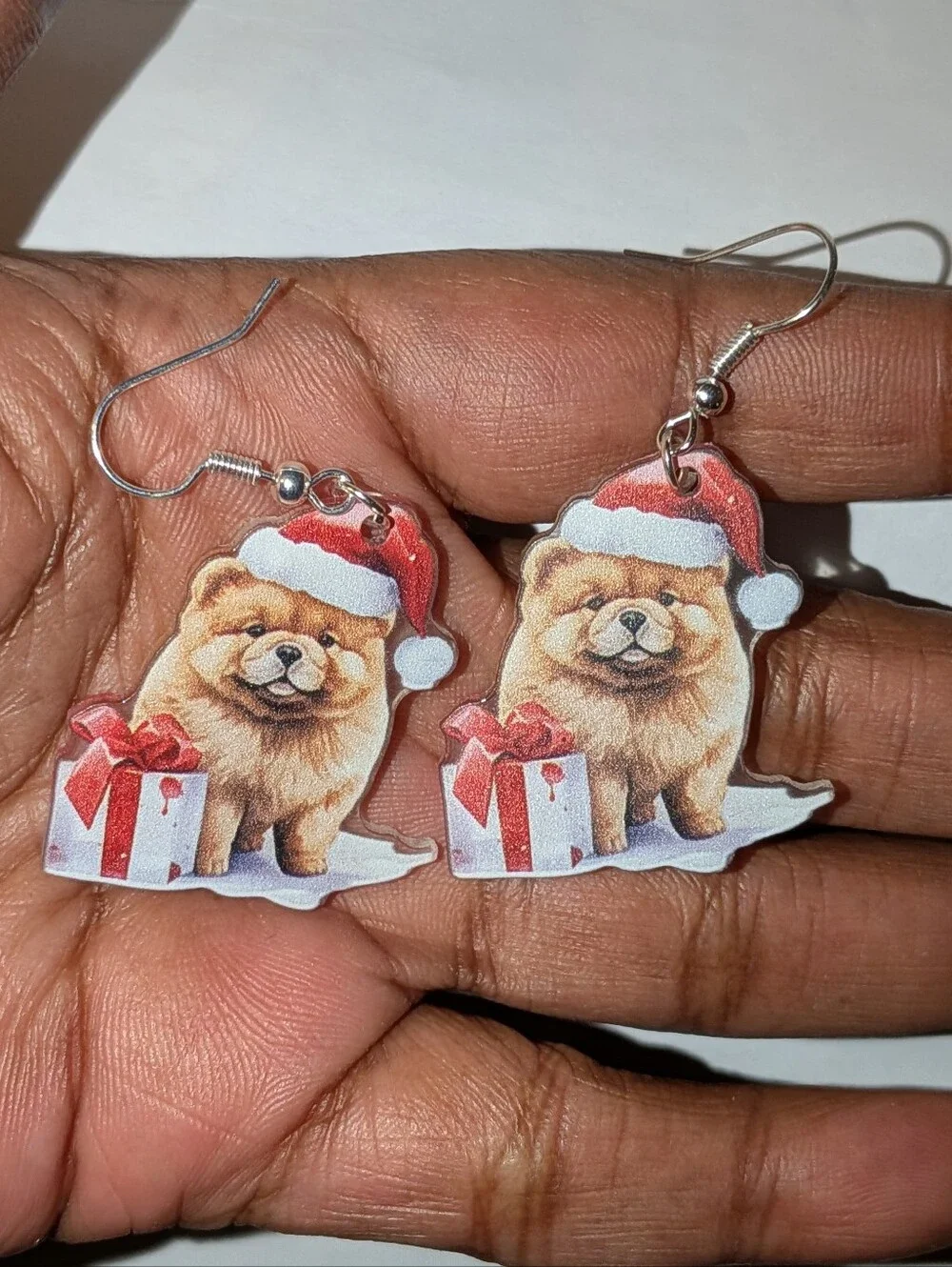 Hand Crafted Festive Red Santa Hat Chow Chow Dog Dangle Earrings